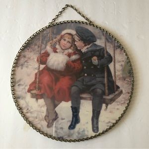 9” Round Boy & Girl on Swing in Snow Print Picture Wall Art W/Chain Surround